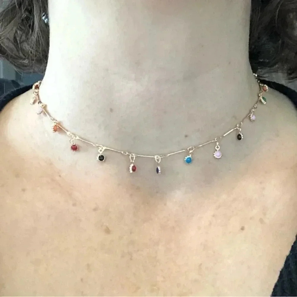 Gold Multicolor Flower Station Choker Necklace NWT
